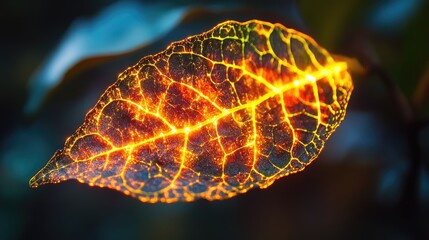 Glowing leaf in dark forest, vibrant image, nature art, possible use digital design, poster