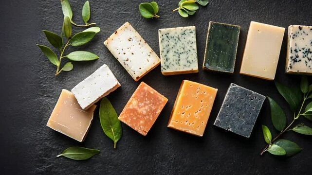Assorted handmade soaps on dark stone, natural ingredients, presentation