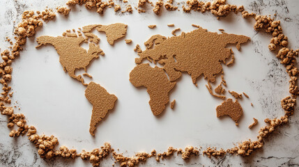 A world map made of grains framed by a variety of seeds and nuts. Ideal for food blogs, travel websites, world cuisine articles, baking concepts and creative food art.