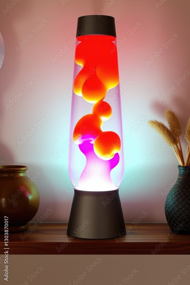 Poster illuminated motion lamp with vibrant colors and fluid shapes on a shelf with decorative vases.