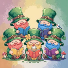 St. Patrick's Day illustration with several leprechauns reading books
