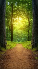 Naklejka premium Serene Forest Pathway Bathed in Golden Sunlight and Lush Greenery
