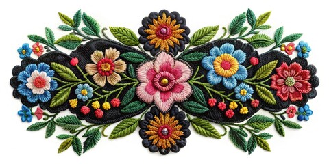 Black Floral Embroidery Ornament for Fashion Clothing Decoration with Symmetric Reflection on White Background