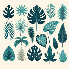 Diverse Collection of Tropical Leaf Illustrations in Teal and Green for Botanical Studies and Creative Design Projects on Adobe Stock