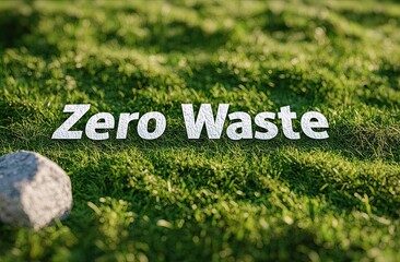 Minimalist "Zero Waste" inscription surrounded by wild grass and rocks, aerial perspective for green lifestyle branding, educational materials, and social media.