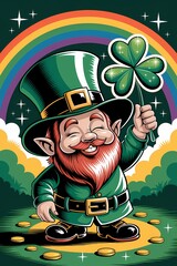 St. Patrick's Day illustration with a leprechaun holding a shamrock and a rainbow