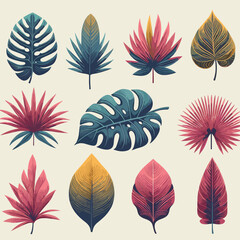 Vibrant and Diverse Tropical Leaf Collection on Cream Background for Artistic Design, Decorative Elements, and Creative Projects.