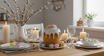 Easter cake with colorful eggs on festive dining table