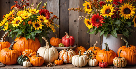 Autumn arrangement with pumpkins and vibrant flowers