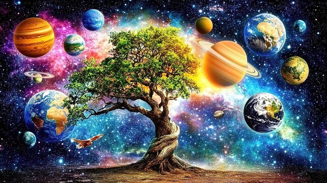 Seven planets align in a glowing arc, inspiring celestial wonder and cosmic harmony