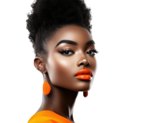 A Bold and Vibrant Portrait of a Black Woman: Celebrating Confidence and Unique Fashion with Striking Orange Lipstick and Stylish Accessories