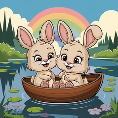  Easter illustration of two bunnies in a boat