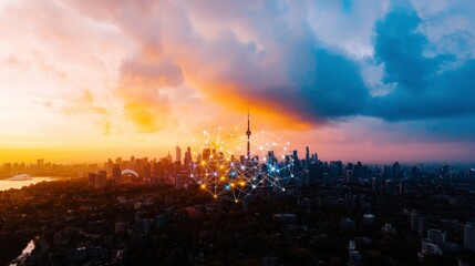 Global Network Cityscape  Sunset  Skyscrapers  Communication