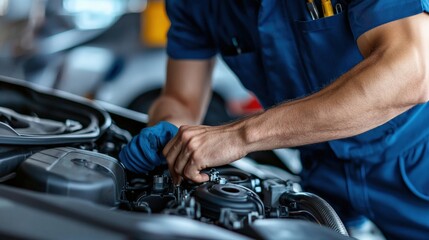 Obraz premium Mechanic working on a car engine with tools in hand.