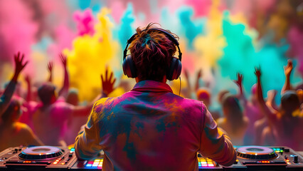 Obraz premium Holi Festival DJ Mixing Music for a Vibrant Crowd with Colorful Powder Explosion – Energetic Celebration of Music and Colors
