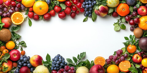 Colorful fruits arranged in a frame on a white background. Perfect for food blogs, health websites, recipe posts, healthy eating articles, and seasonal produce features.