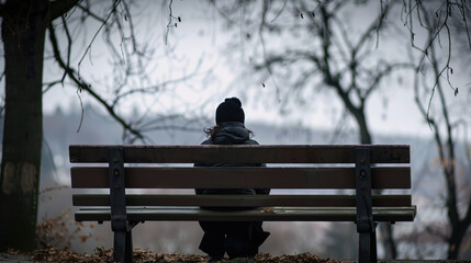 Solitary person sitting on park bench with head bowed, surrounded by barren trees and overcast sky, symbolizing isolation and emotional struggle. Concept of loneliness and mental health.