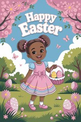Children's illustration of a girl in a pink dress holding a basket of Easter eggs in a beautiful garden