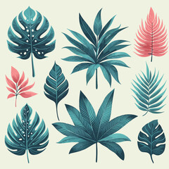 Tropical Leaves Collection. Exotic Botanical Foliage Set in Teal and Pink. Nature-Inspired Design Elements.