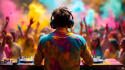 Obraz premium Holi Festival DJ Mixing Music for a Vibrant Crowd with Colorful Powder Explosion – Energetic Celebration of Music and Colors