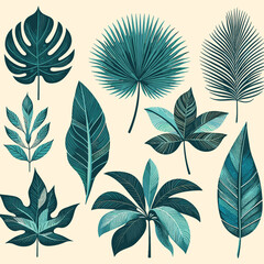 Tropical Leaves Collection: Diverse Botanical Elements in Teal and Blue-Green