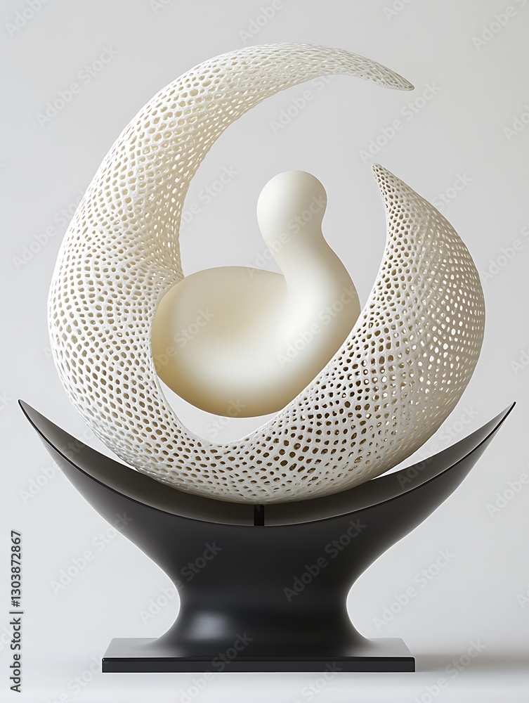 Poster abstract sculpture featuring white lattice element and smooth shape center
