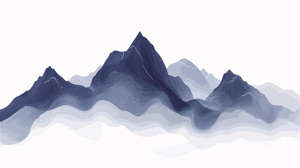 The image depicts an abstract representation of a mountain range.  The mountains are rendered in shades of blue and grey, with lighter areas suggesting fog or mist. The style is painterly,