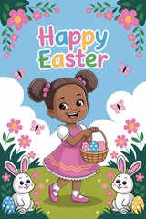 Children's illustration of a girl in a pink dress holding a basket of Easter eggs with white rabbits