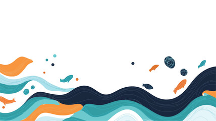 The image is a digital illustration featuring abstract wavy lines in shades of teal, orange, and dark blue against a white background.  The waves are organic and irregular in shape. Small