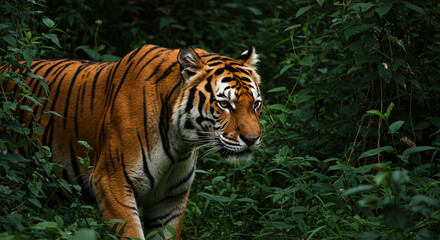 Tiger Jungle Walking Profile View: Profile view of a tiger walking through dense jungle vegetation