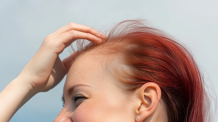 Naklejka premium Woman with red hair touching her scalp, expressing confidence despite alopecia on a sunny day