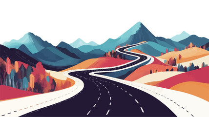 A stylized illustration depicting a winding road snaking through a mountain range. The mountains are depicted in vibrant autumnal colors of blues, purples, reds, and oranges. The road is