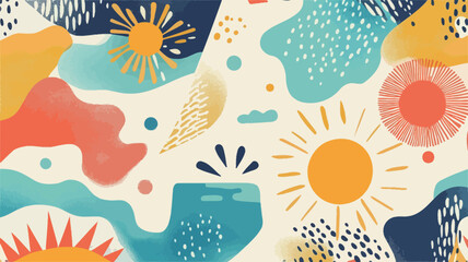 The image is a seamless pattern featuring a variety of abstract shapes in bright, pastel colors.  The shapes include stylized suns, clouds, and organic blobs.  The color palette consists