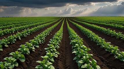 Obraz premium A vast agricultural field under a partly cloudy sky.