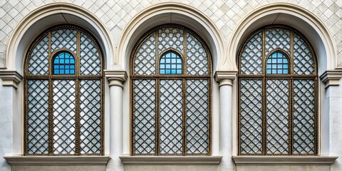 Obraz premium Double Exposure Photography of Three Arched Windows with Distinct Grid Patterns on Transparent Background