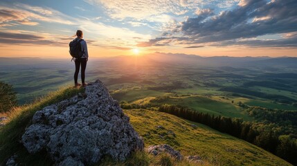 Obraz premium A hiker enjoys the view from a mountain peak at sunset.