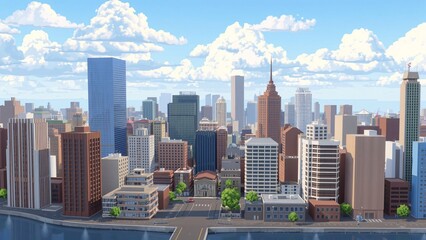 Stylized Cityscape Modern Metropolis Skyline under a Sunny Sky