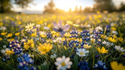 Obraz premium Spring Meadow Wildflowers Vibrant Purple Yellow White Blooms at Sunset