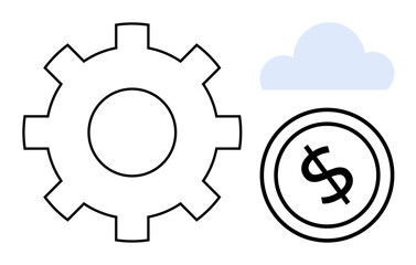 Gear beside a cloud and dollar coin expressing systems, cloud computing, and monetary growth. Ideal for business, technology, networking, finance, process optimization, industry and strategy themes