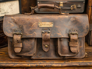 Vintage leather satchel bag.  Distressed brown leather texture.  Handcrafted details  antique brass hardware.  Perfect for adventure, travel, or historical settings.