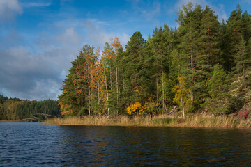 Lake Ladoga near the village Lumivaara on a sunny autumn day, Ladoga skerries, Lakhdenpokhya, Republic of Karelia, Russia