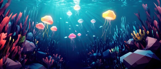 Vibrant 3d underwater adventure explore a geometric coral reef wonderland