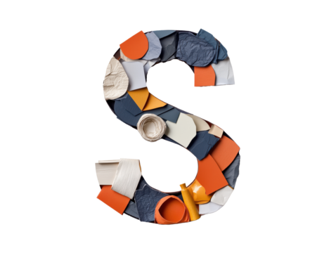 Intricate Collage Art Showcasing the Letter 'S' Made from Paper Elements, Set Against a Crisp White Background