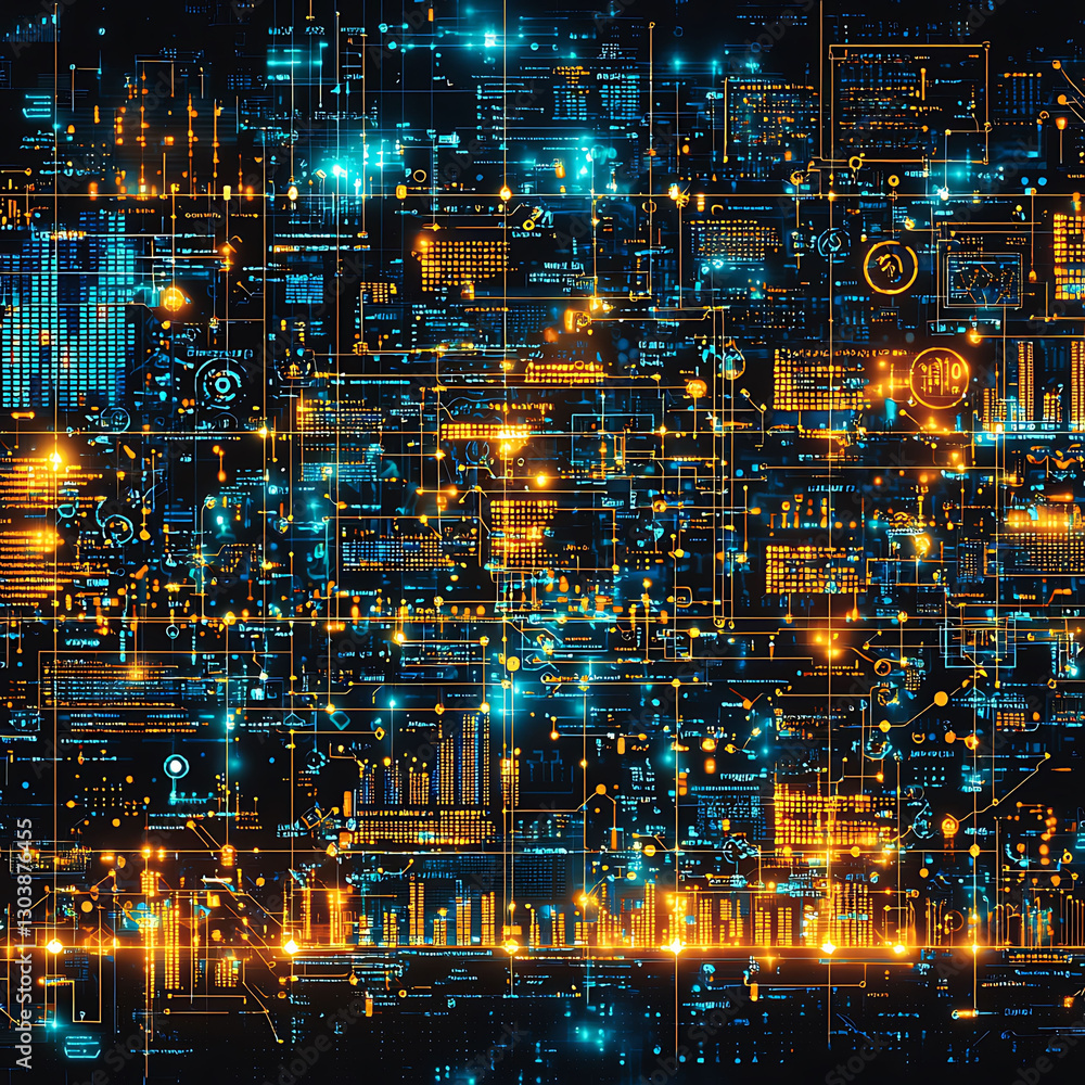 Poster intricate digital network glowing nodes and lines depict data flow, connectivity, and complex system
