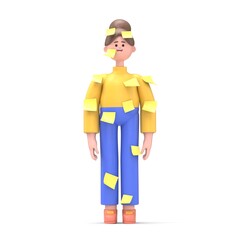 3D illustration of Asian woman Angela with a yellow paper. Multitasking. Post it.Mockup 3d character illustration.3D rendering on white background.