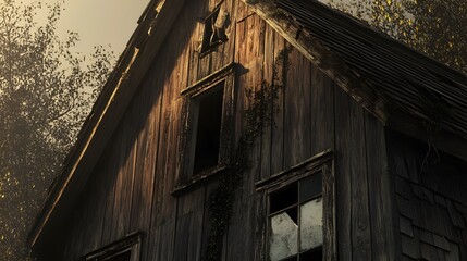 Naklejka premium An abandoned house in a wild swamp, contrasting human history with untamed wilderness and timeless stillness.