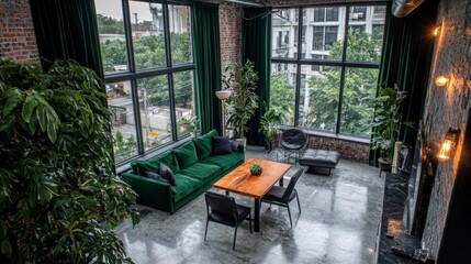 Fototapeta premium Industrial Loft Apartment Chic Green Velvet Sofa Exposed Brick City View