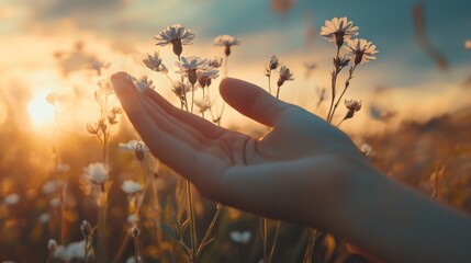 A hand reaching towards wild flowers at sunset