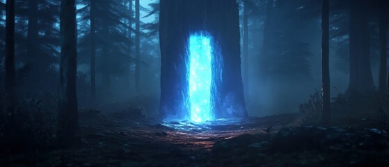 Mysterious blue portal glowing in enchanted forest fantasy scene low polygon art