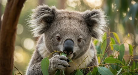 Fototapeta premium Koala Eating Eucalyptus Leaves Portrait: Koala munching on eucalyptus leaves in a close-up portrait